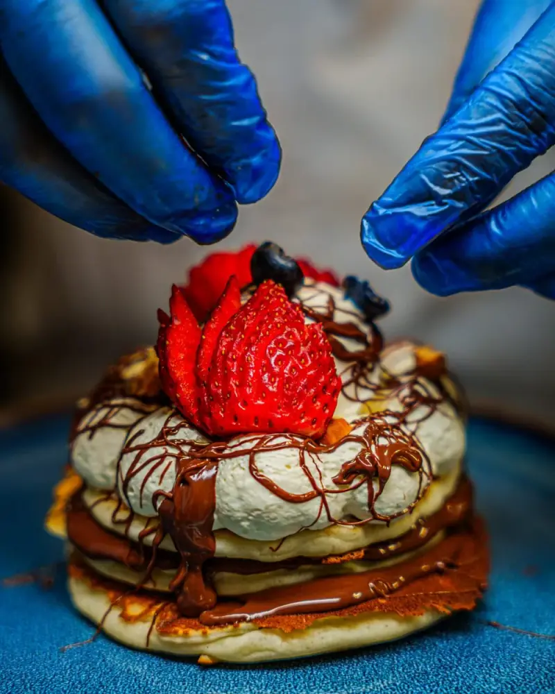 Berry compote pancake stack at Atrio