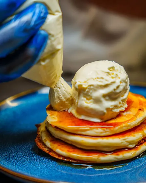 Pancake stack with ice cream at Atrio